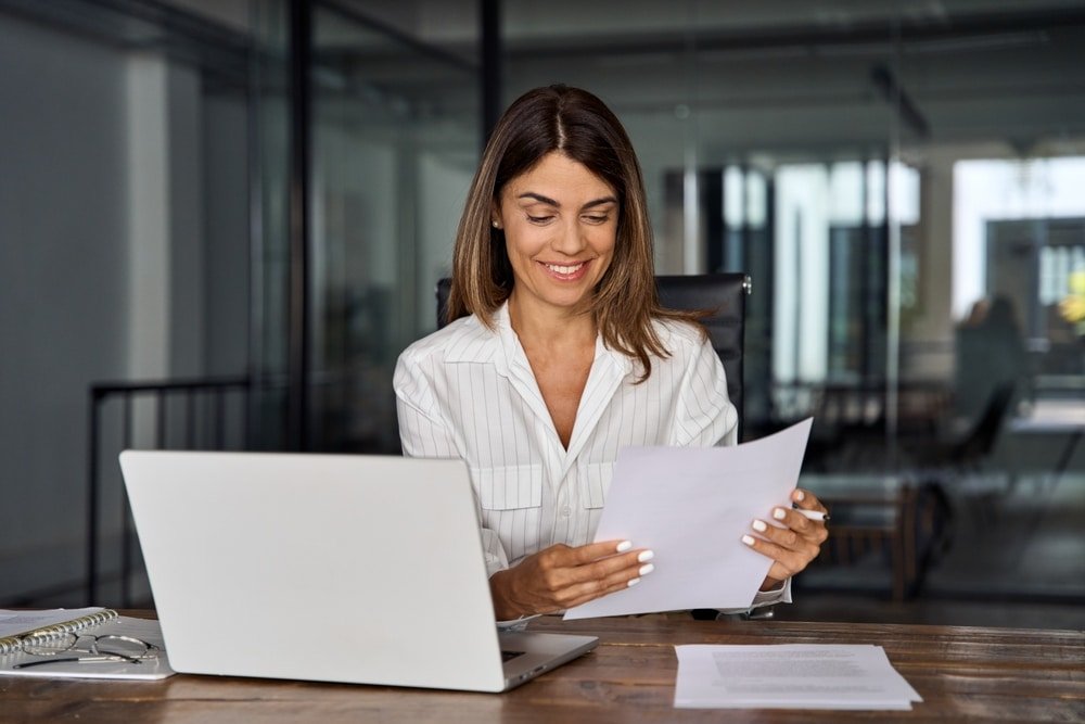 Smiling,European,Latin,Business,Woman,Accountant,Analyst,Holding,Documents,,Work